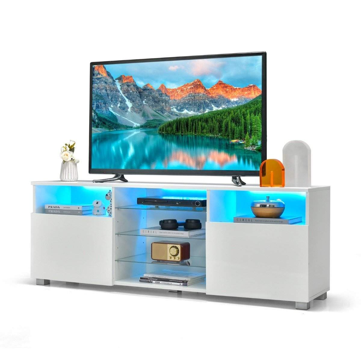 TV skab med LED belysning & 2 låger & justerbare glashylder TV stativ