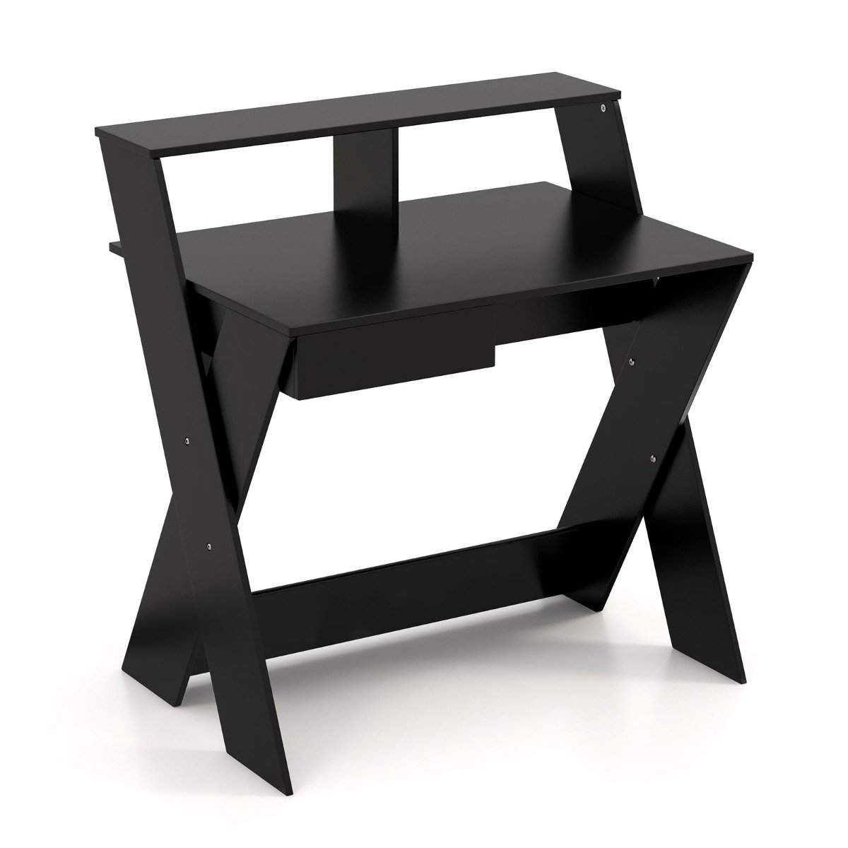 X-muotoinen tietokonepöytä laatikolla ja näytön nousupöytä musta