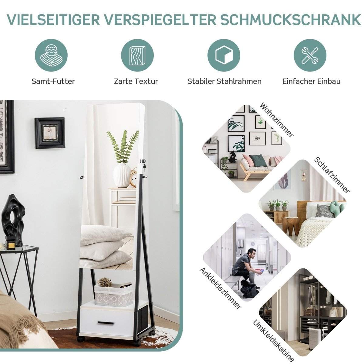 Spegelskåpssmycken och sminkorganisatör med fullängdsspegel 42 x 38 x 157 cm vit | Elektronik - Tillbehör Mobil & Surfplatta - Mobiltillbehör - Mobilkablar - Tillbehör | Pryloteket