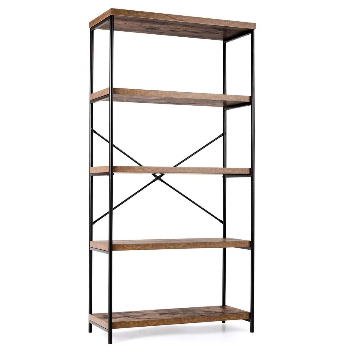 Reol med 5 niveauer & metalramme & industrielt design stående hylde kontorhylde brun