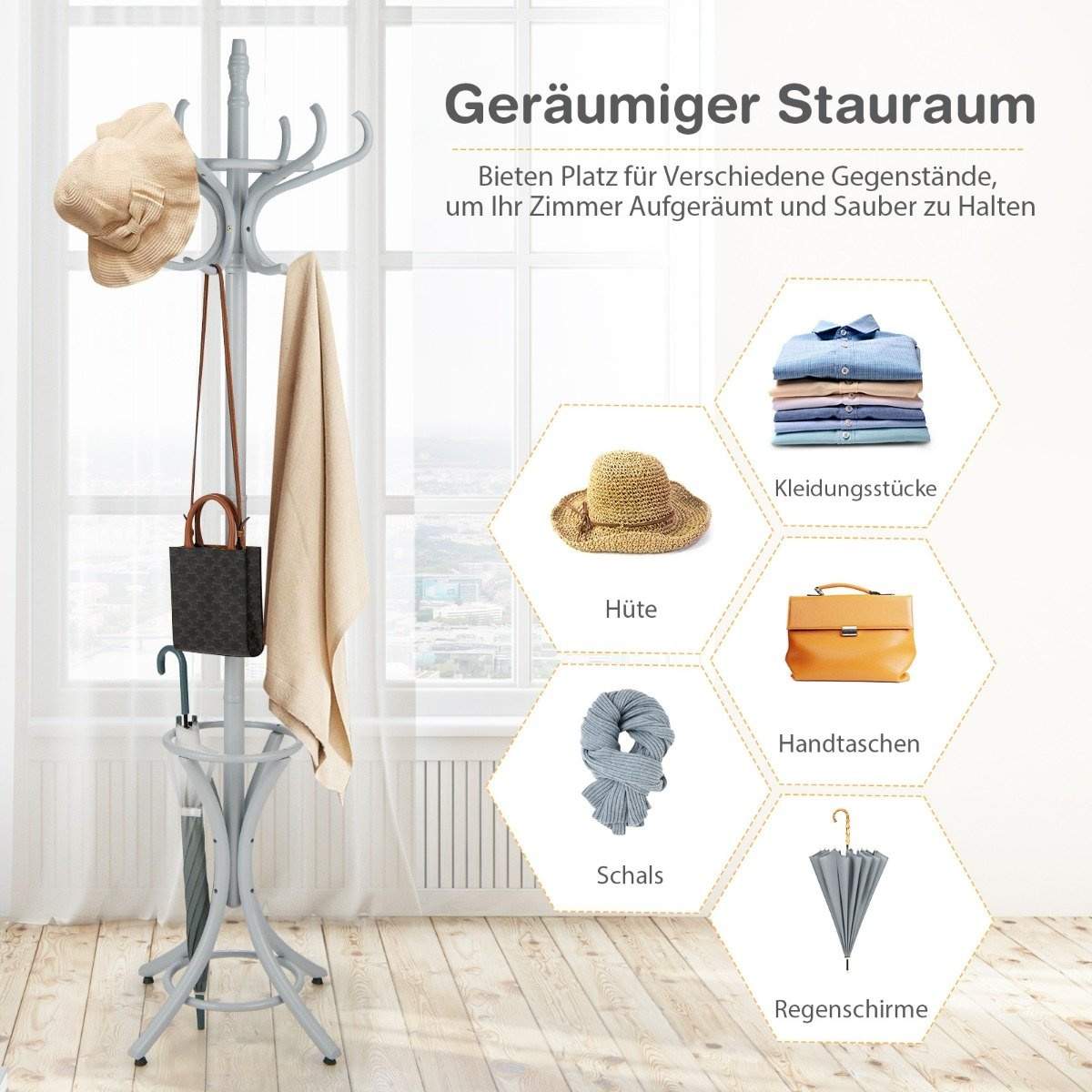 184 cm knageholder med paraplyholder jakkestander med 12 knager grå