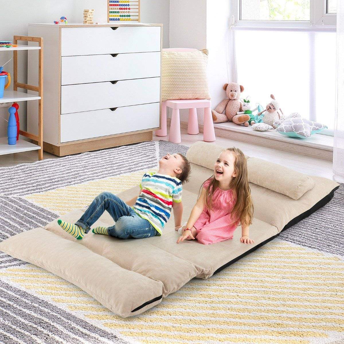 3 i 1 gulvsofa med sovefunktion og justerbart ryglæn beige