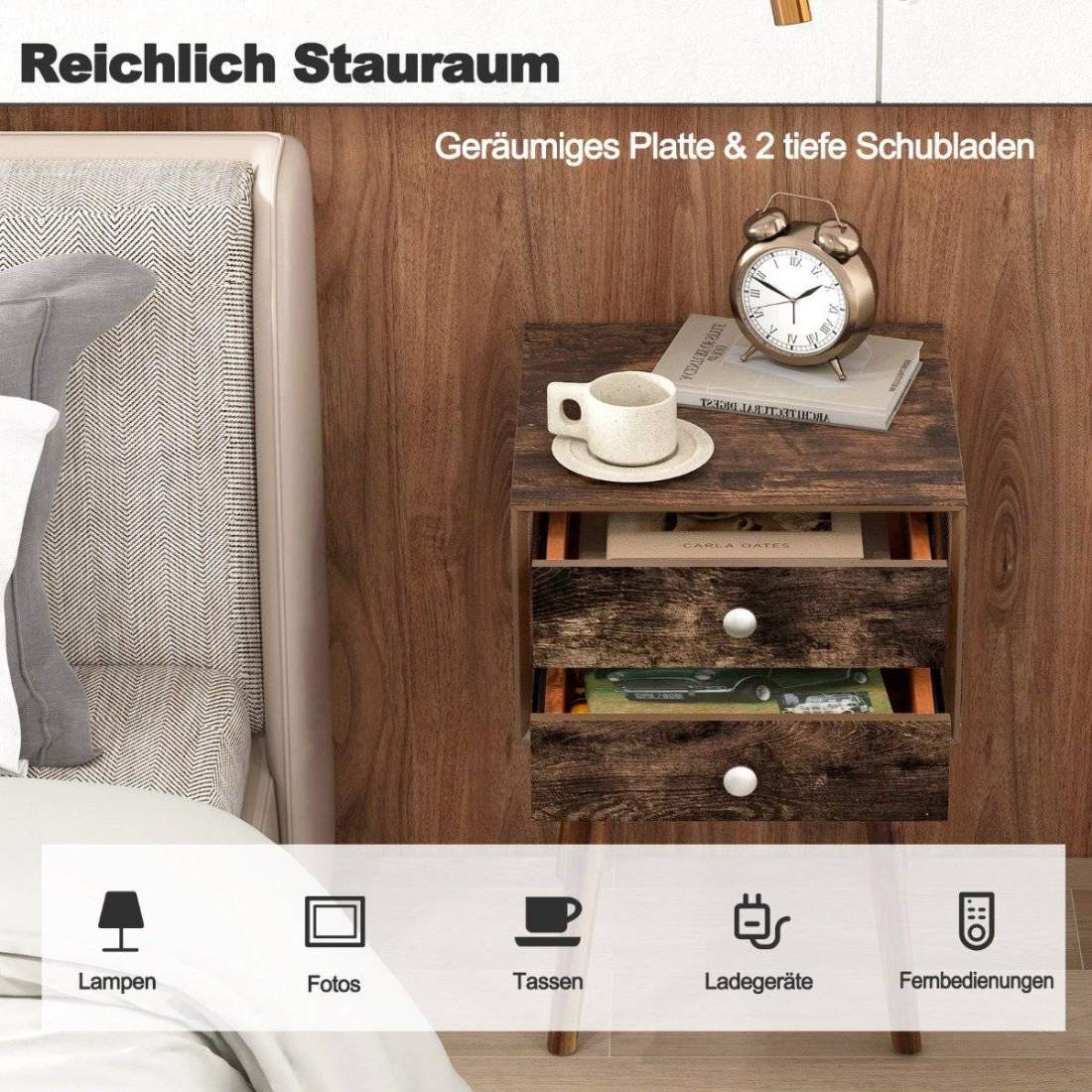 Multifunktionellt sängbord med förvaringsutrymme i trä 40 x 40 x 59,5 cm brunt | Elektronik - Ljud & Bild - TV-Tillbehör - Fjärrkontroller | Pryloteket