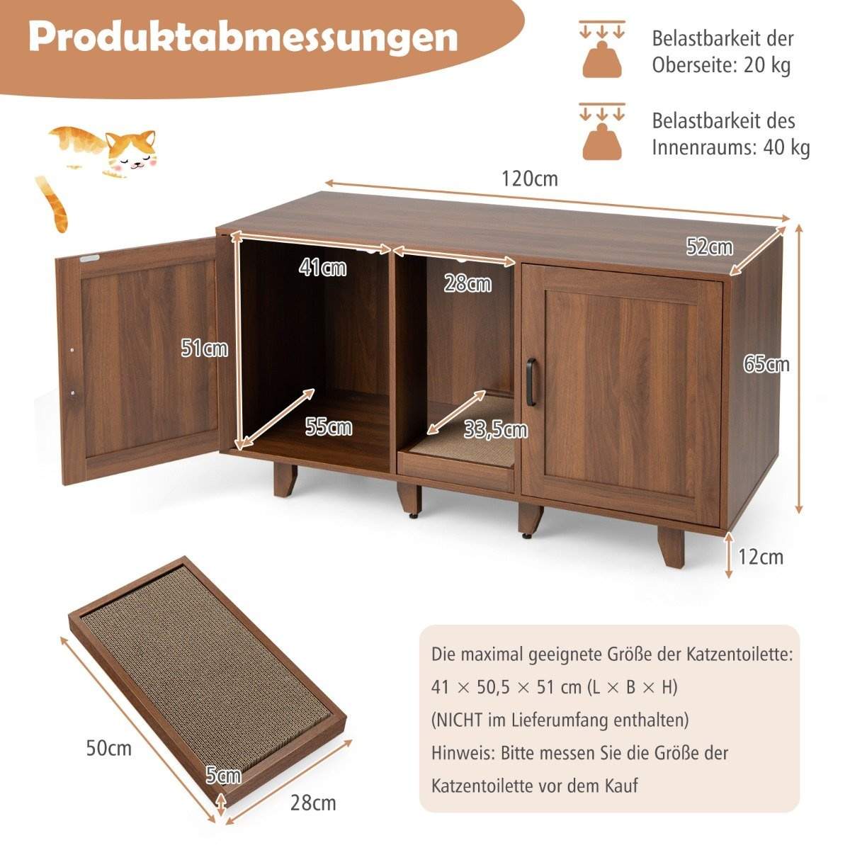 Katteskab til kattetoilet med 2 låger & kradsebræt & indgang 120 x 52 x 65 cm kaffe
