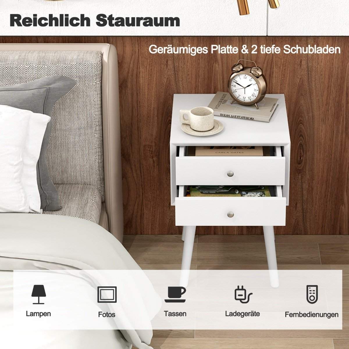 Sengebord med 2 skuffer Lille sidebord i træ 40 x 40 x 59,5 cm hvid