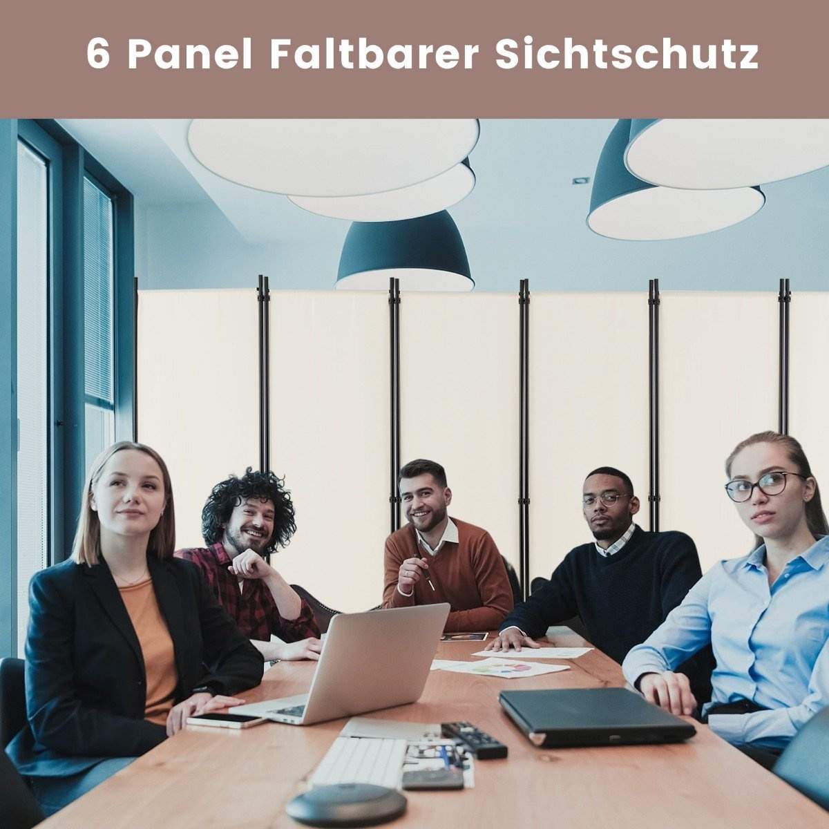 6-delt foldbar rumdeler 172 cm høj privatskærm med låsbare hjul beige