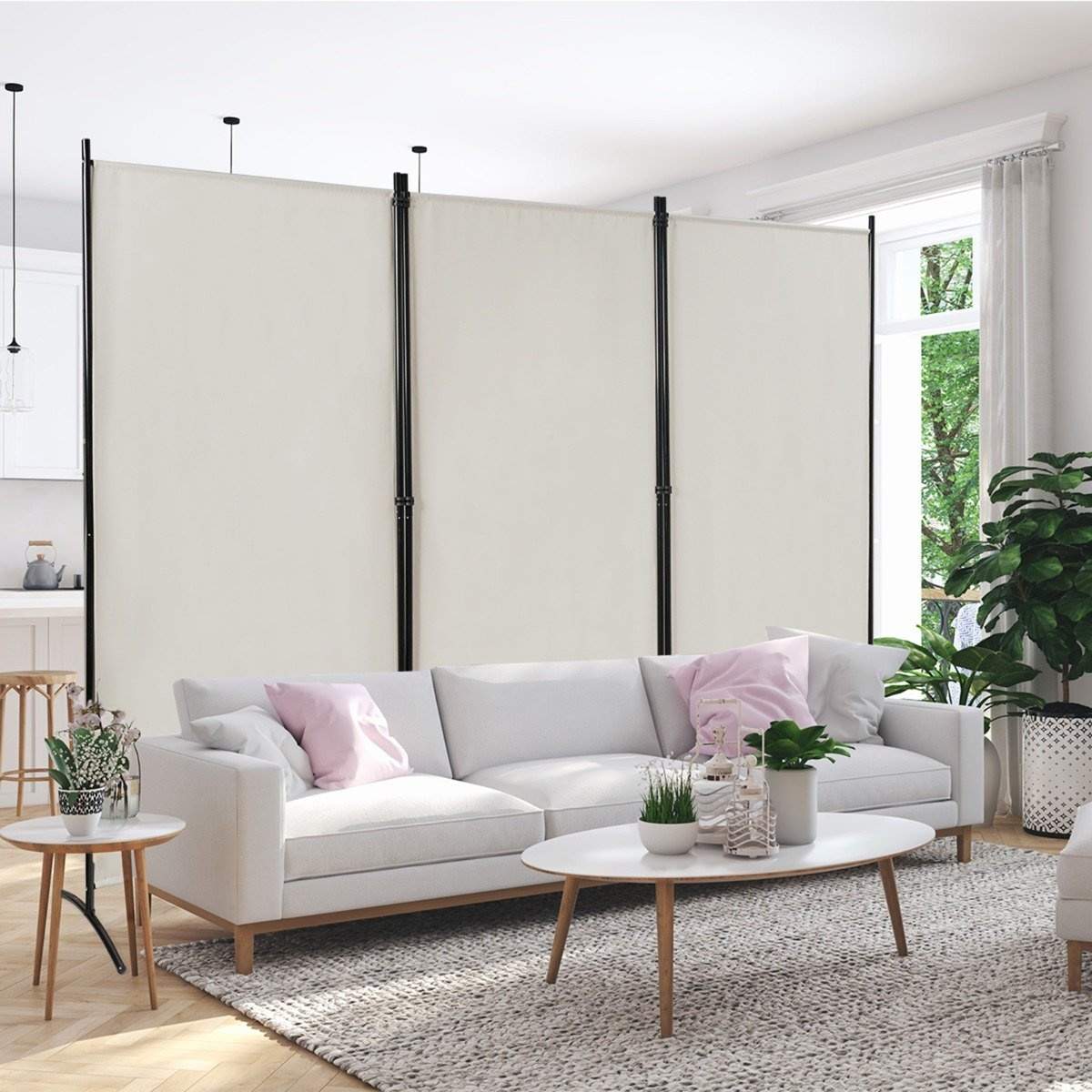 3-panels rumdeler med justerbare bordskånere og robuste hængsler og stålbase Beige