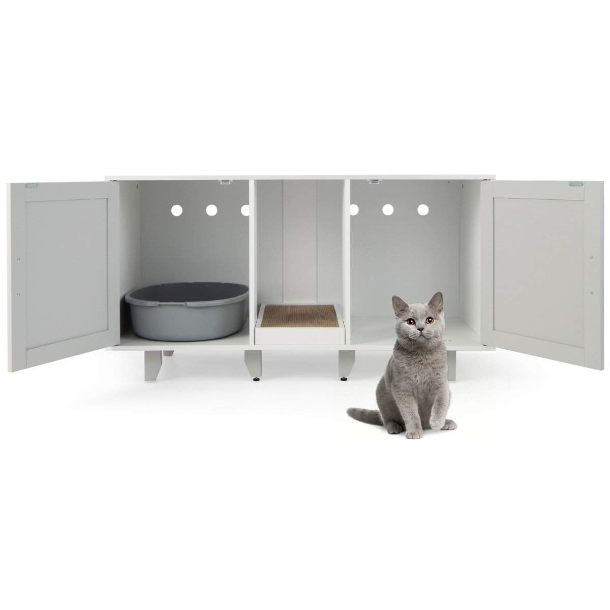 Katteskab til kattetoilet med 2 låger & kradsebræt & indgang 120 x 52 x 65 cm lysegrå