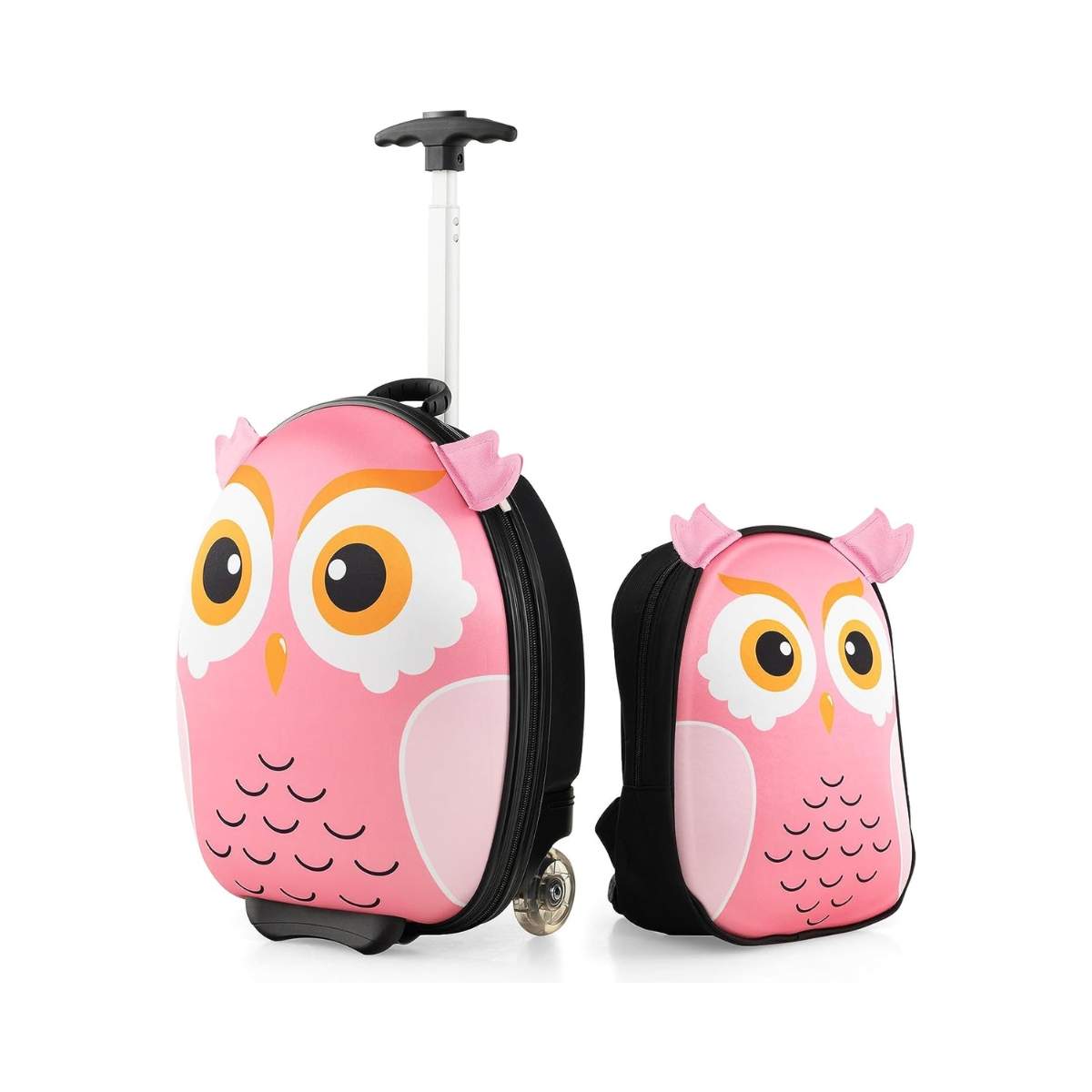 2-osainen lasten matkalaukku & reppu pyörillä ja 3-vaiheisella teleskooppikahvalla 12""+16"" lasten vaunupöllö