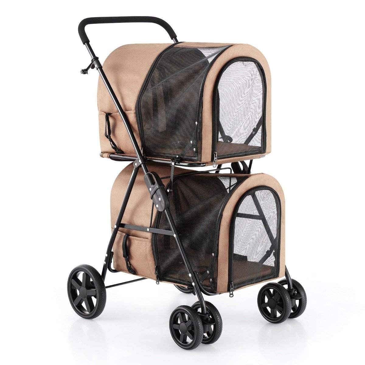 2 etagers hundeklapvogn op til 16 kg hundevogn med mesh vinduer drikkeholder beige