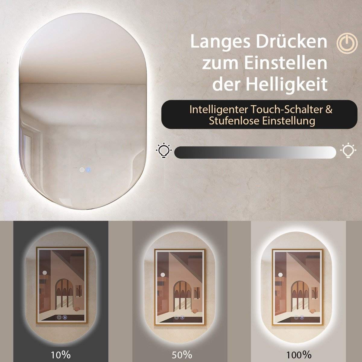 80 x 50 cm LED vægspejl ovalt dæmpbart badeværelsesspejl