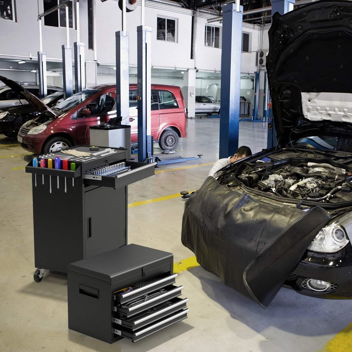 2 i 1 værkstedsvogn inklusive kuffert & 8 rum & kroge & justerbar hylde 100 kg bæreevne