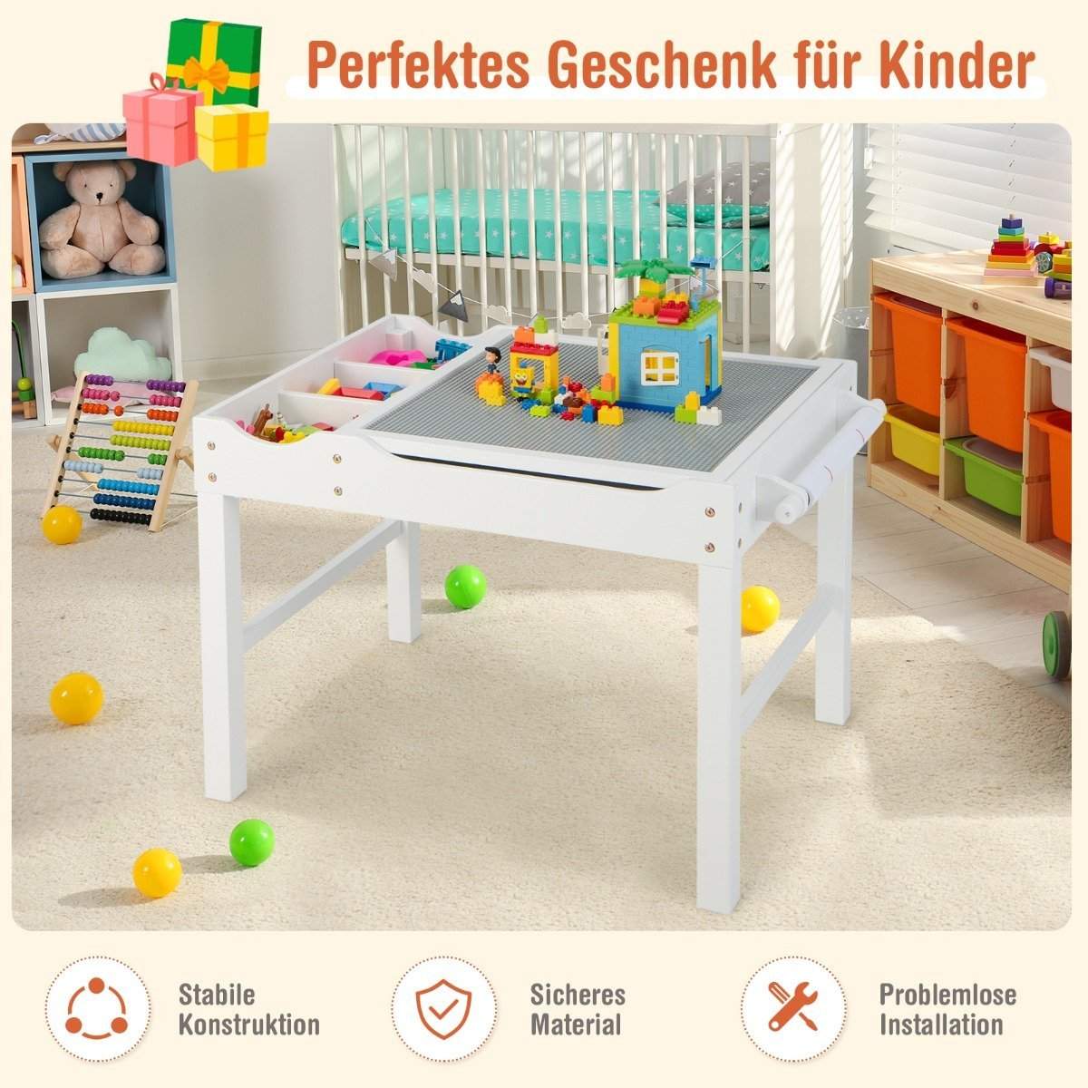 2 i 1 børnebord lavet af fyrretræ med vendbar bordplade & opbevaringsplads & hvid papirrulle