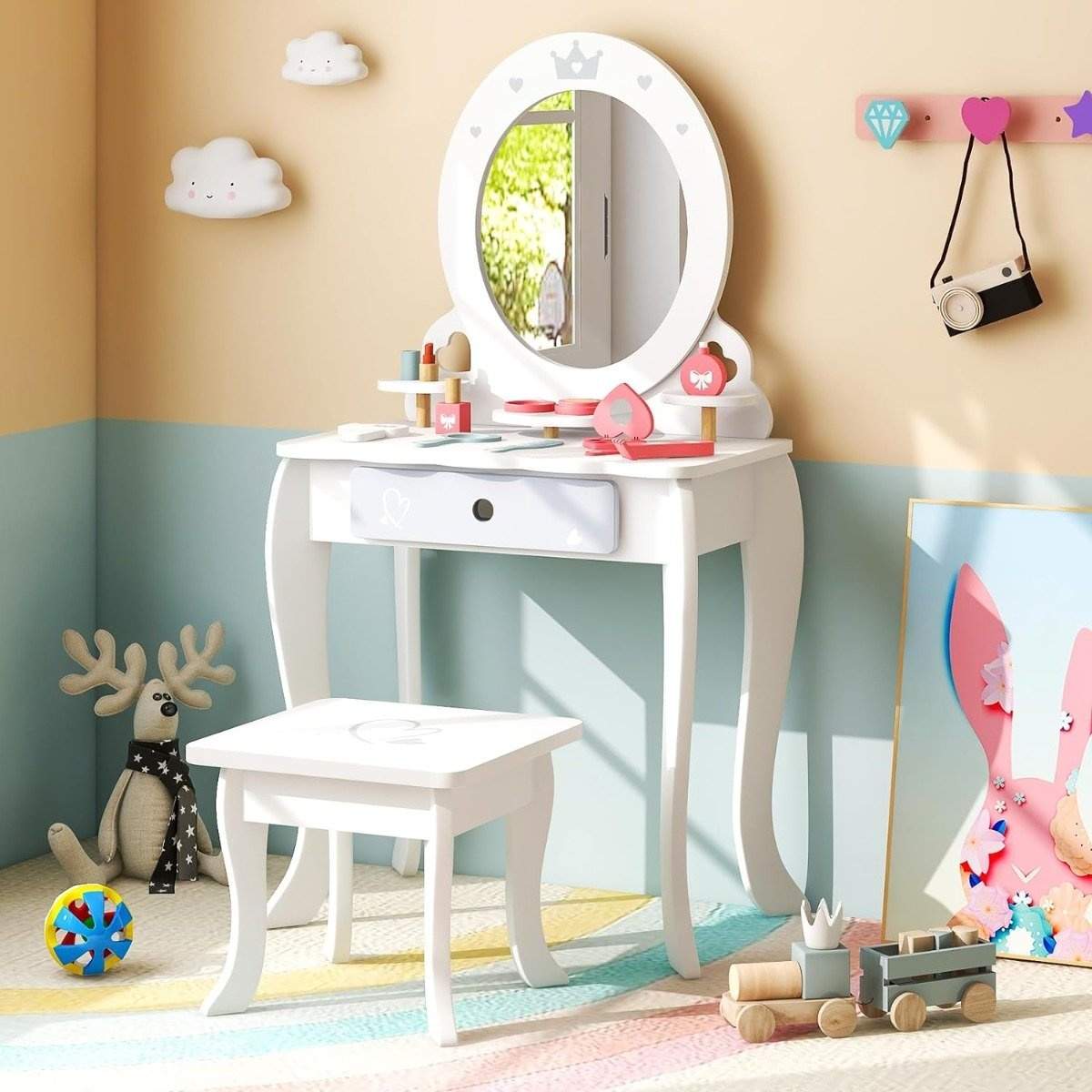 2 i 1 toiletbord til børn med skammel & aftageligt spejl & skuffer & tilbehør