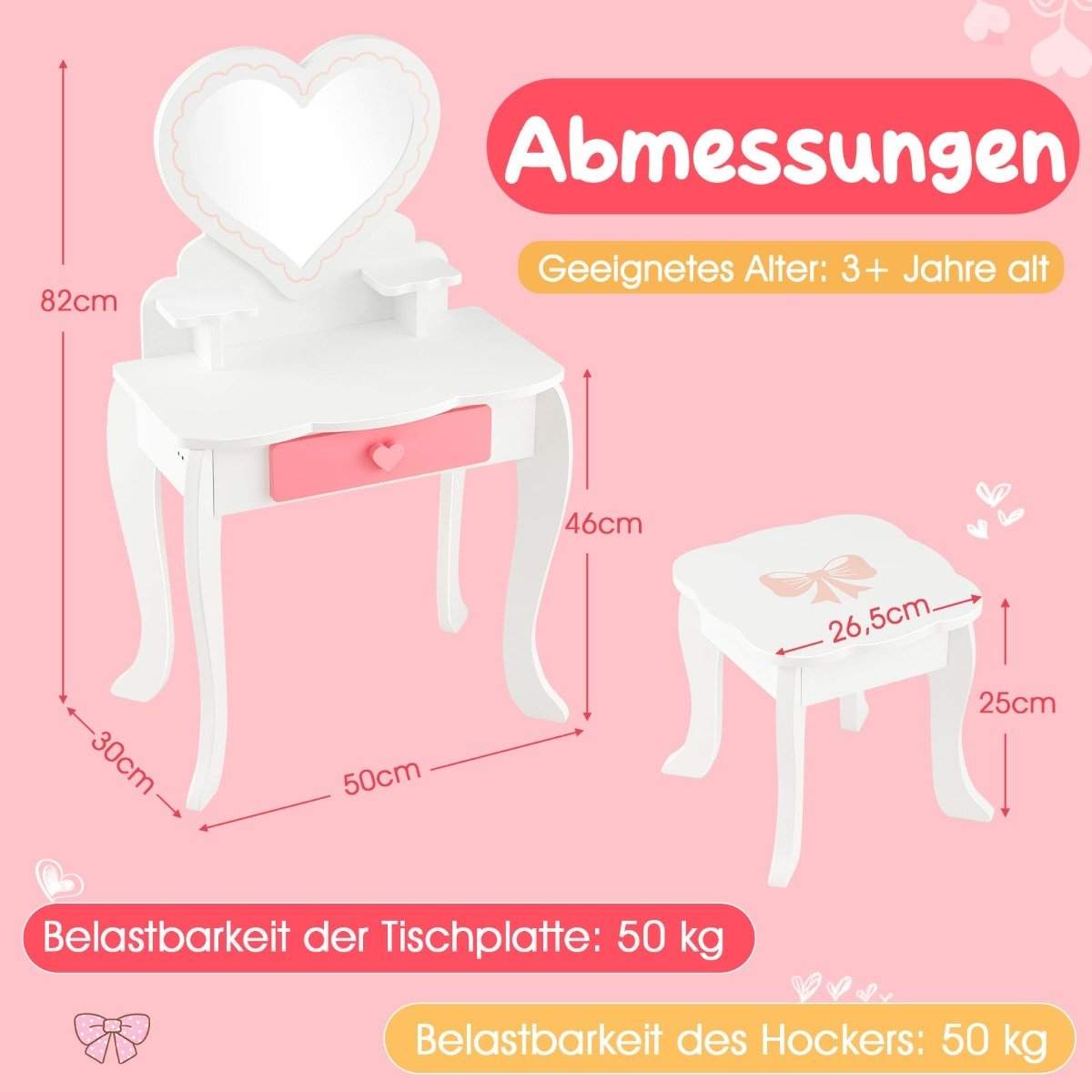 Sminkebordssæt til børn med ♡Hjerteformet spejl & skammel & skuffe & tilbehør