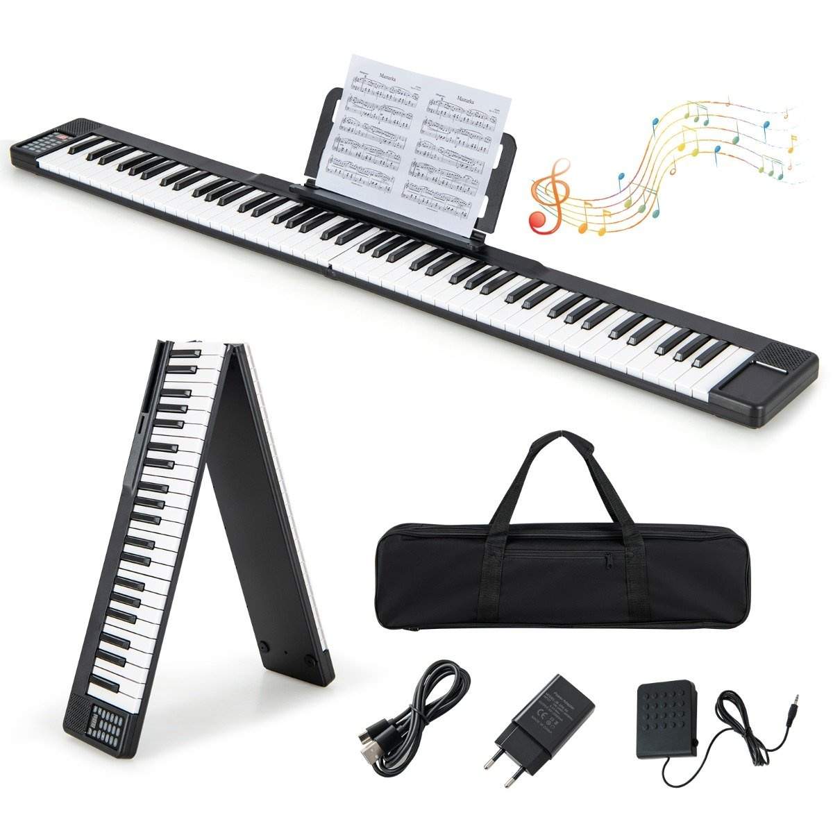 Foldbart 88-tangenters digitalklaver elektrisk keyboard 137 x 16,5 x 5 cm sort + hvid