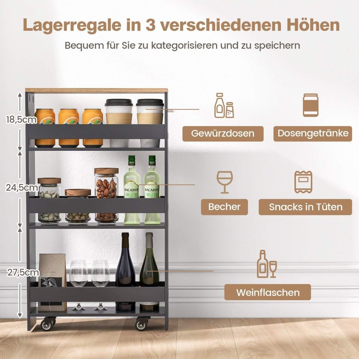 4-kerroksinen hylly puupyörillä kahvalla keittiövaunu 47,5 x 20 x 80,5 cm harmaa + luonnollinen