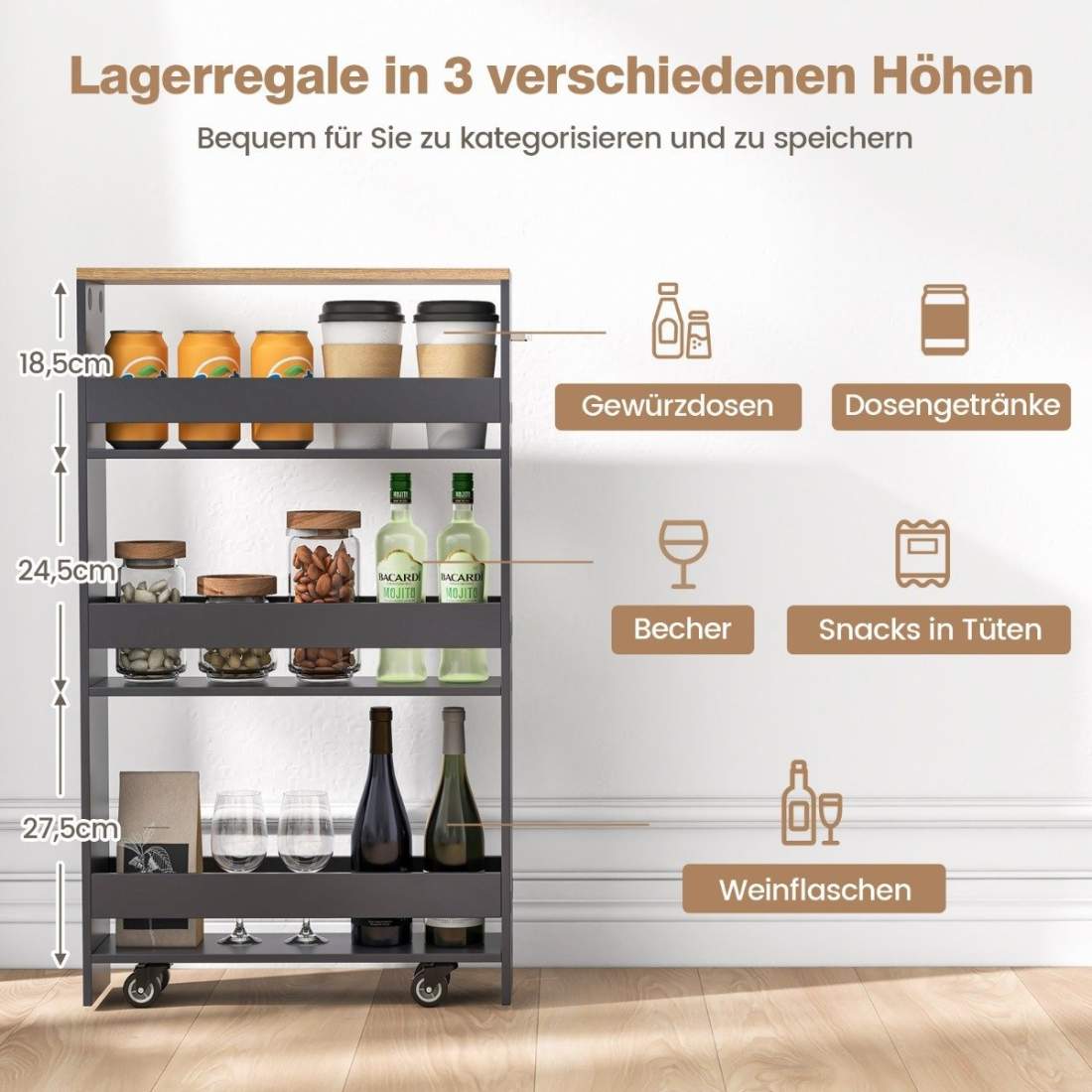 4-vånings nischhylla på trähjul med handtag köksvagn 47,5 x 20 x 80,5 cm grå + natur | Hem & Hobby - Hem & Hushåll - Badrum | Pryloteket