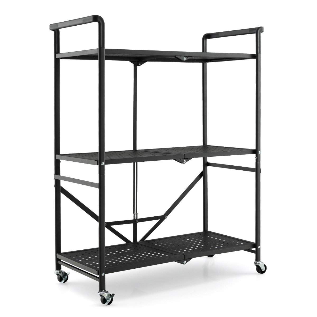 Foldebar serveringsvogn med 4 hjul 3 etagers metalhylde til køkkenkontor Sort