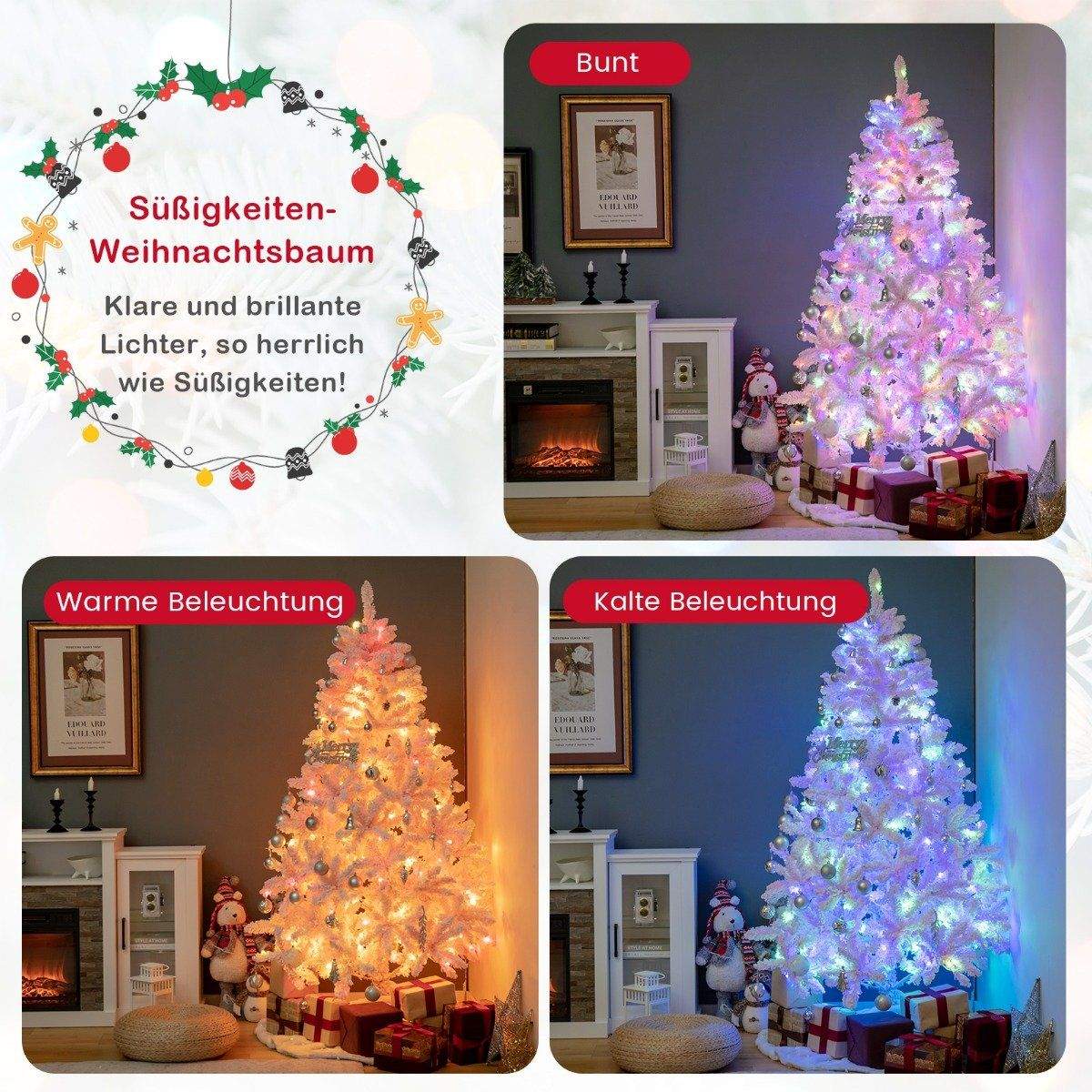 180 cm stort flocket kunstigt juletræ med 808 PVC-grenspidser 350 LED-lys og 8 belysningstilstande