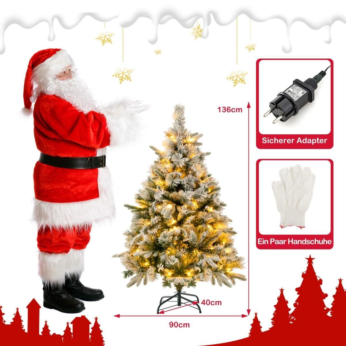 136 cm kunstigt juletræ med sne og 150 varme hvide LED-lys Grøn