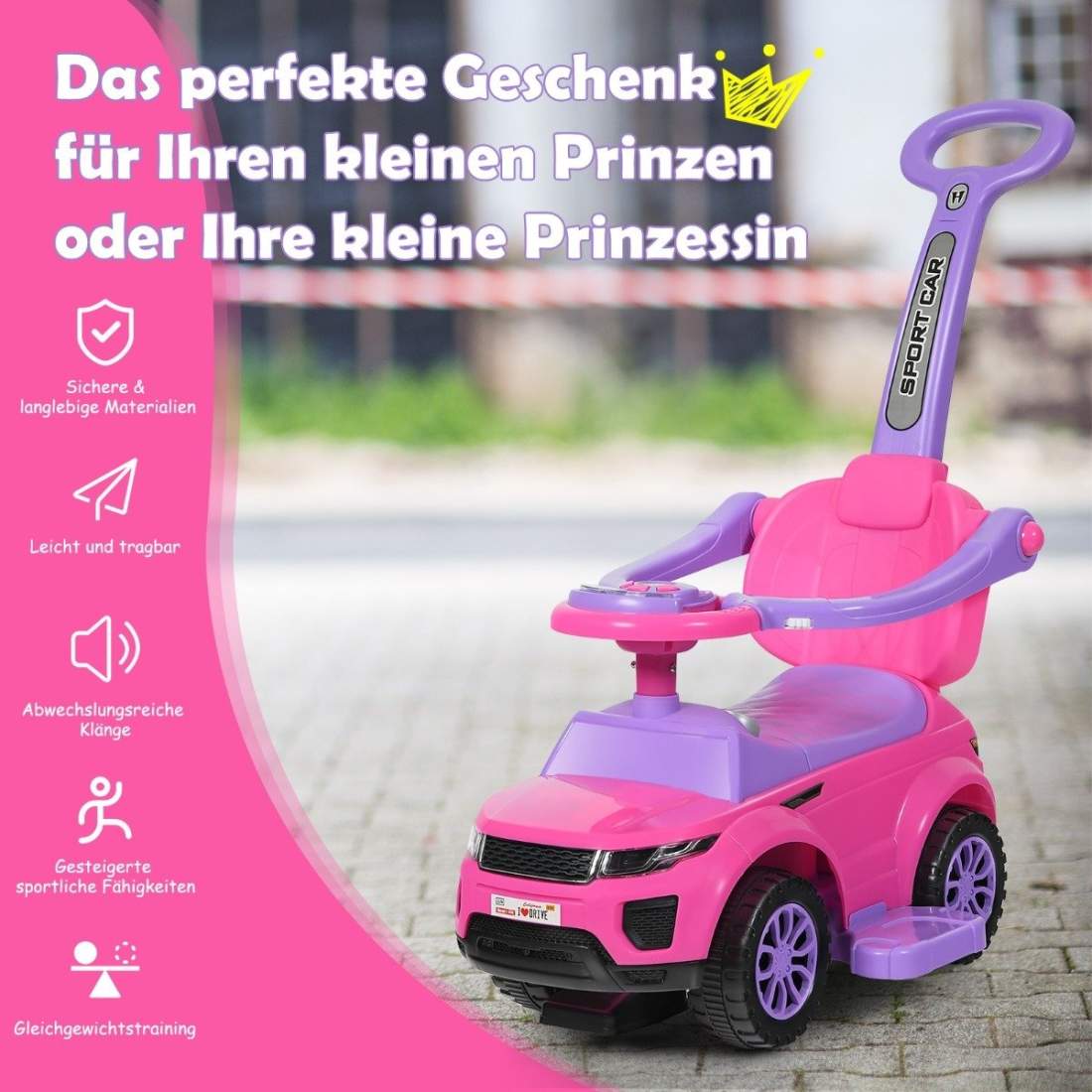 3-i-1 barnbil push bil med horn musik ljus 89 x 43 x 84 cm rosa | Leksaker & Spel - Leksaker | Pryloteket