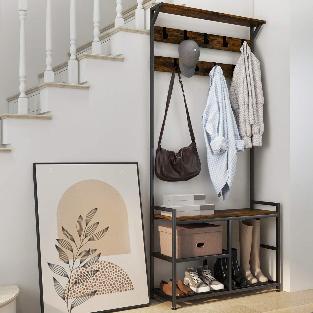 Klädställ med 9 krokar & skoställ 3 nivåer klädhängare industriell design brun | Mode & Accessoarer - Accessoarer - Paraply | Pryloteket