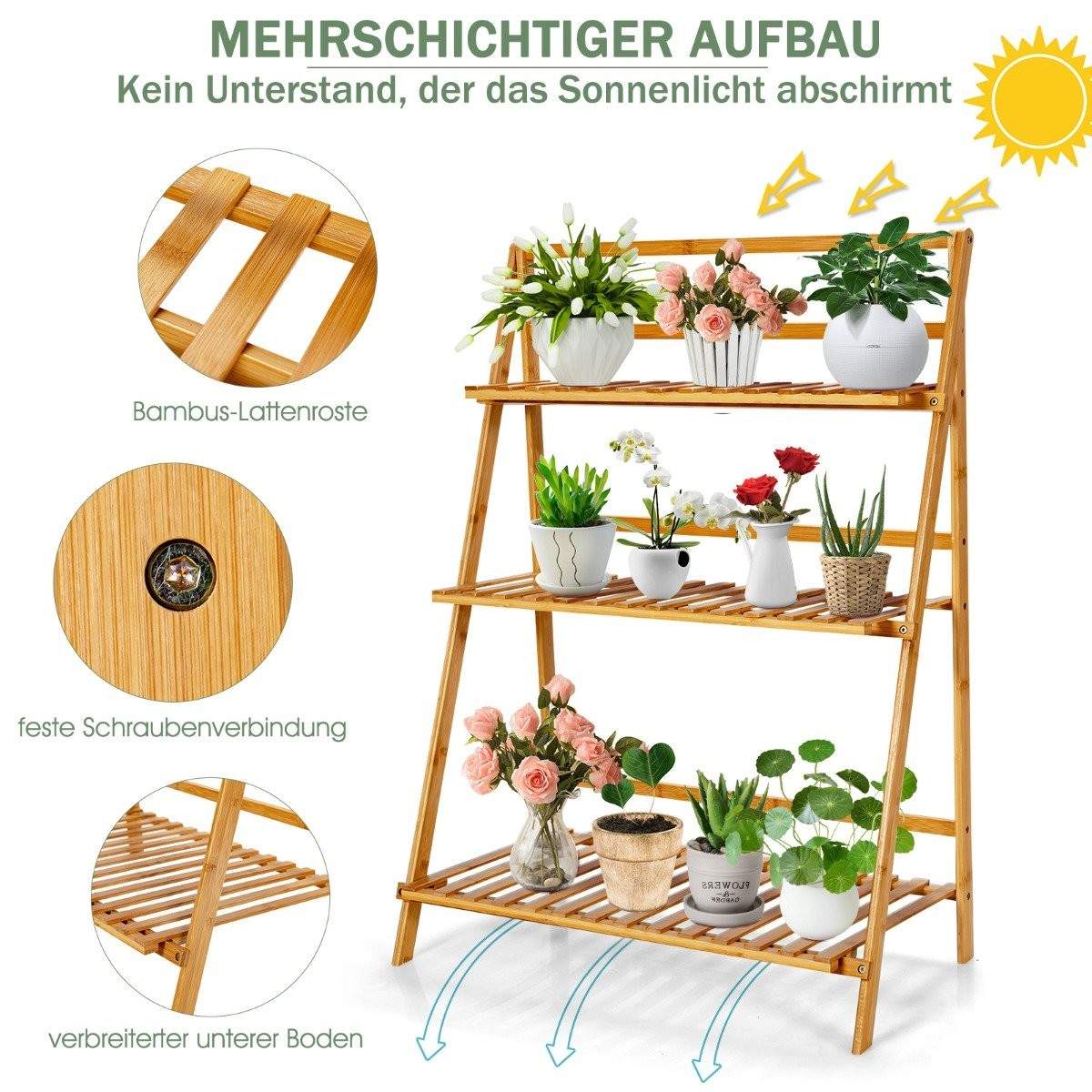 Sammenklappeligt plantestativ lavet af bambus 3-lags stigehylde 70 x 38 x 95,5 cm naturlig