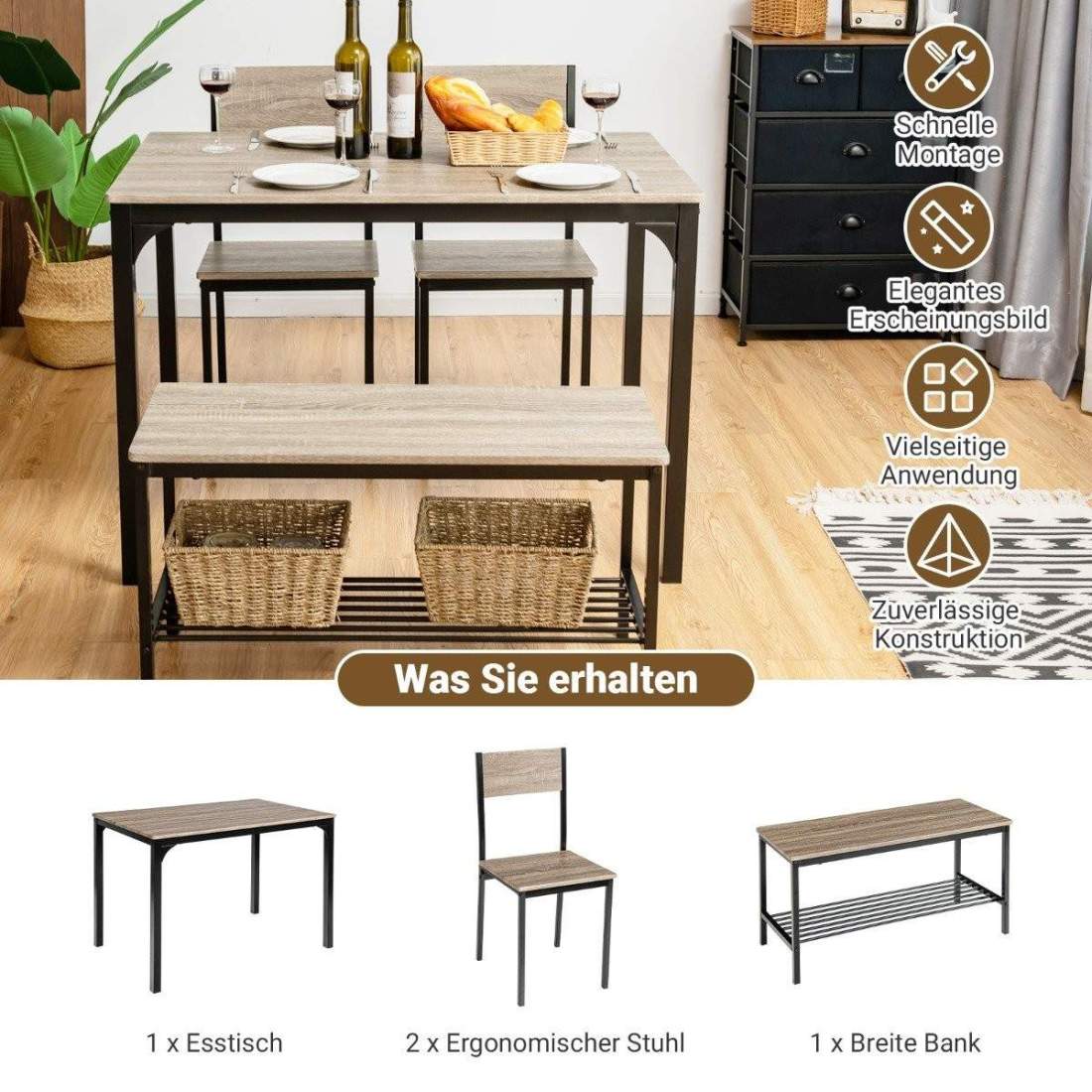 4-delat matbordsset köksbord med 2 stolar & 1 bänk & hylla industriell matgrupp grå | Hem & Hobby - Hem & Hushåll - Sovrum | Pryloteket