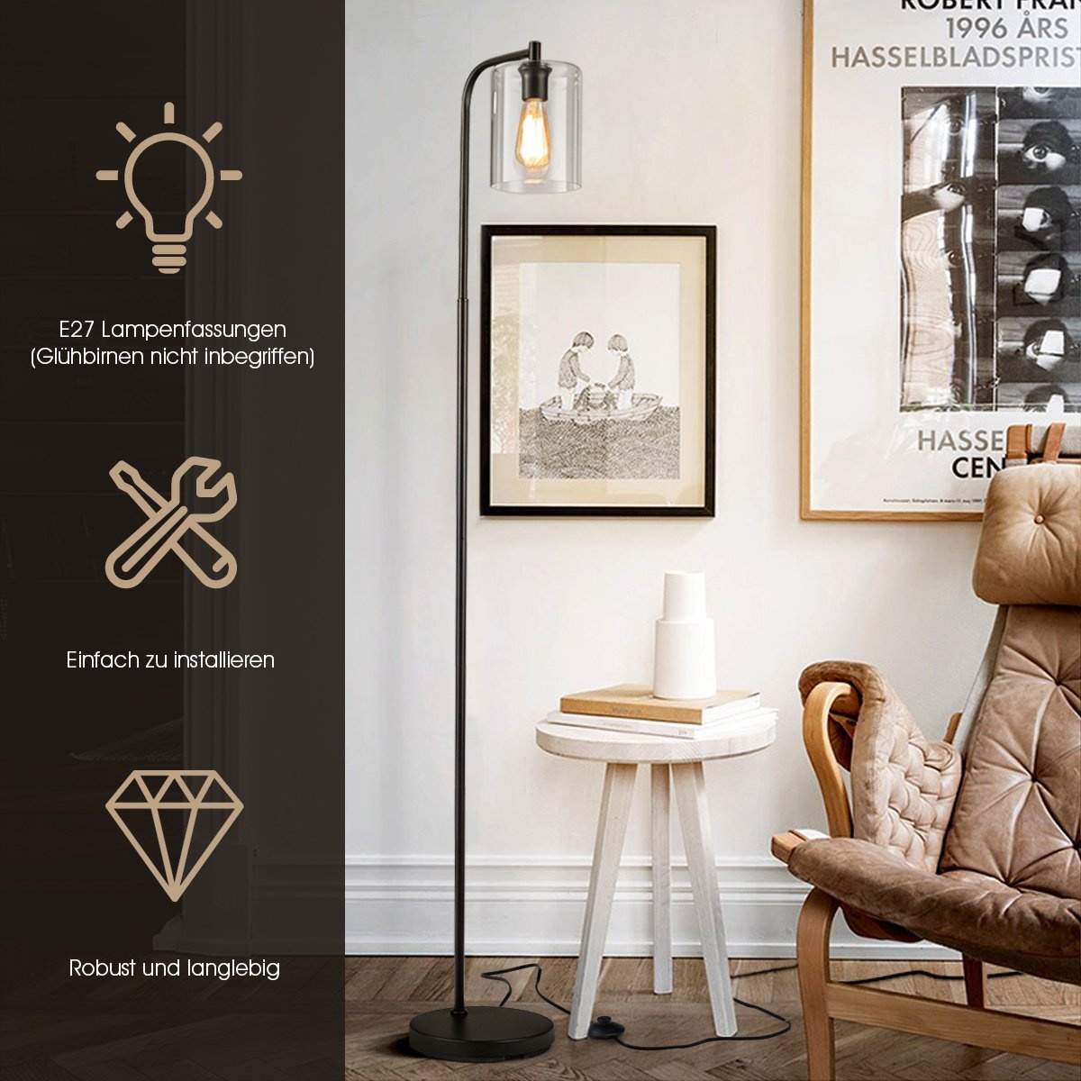 168 cm moderne gulvlampe med fodkontakt & E27 pæresokkel & sort glas lampeskærm