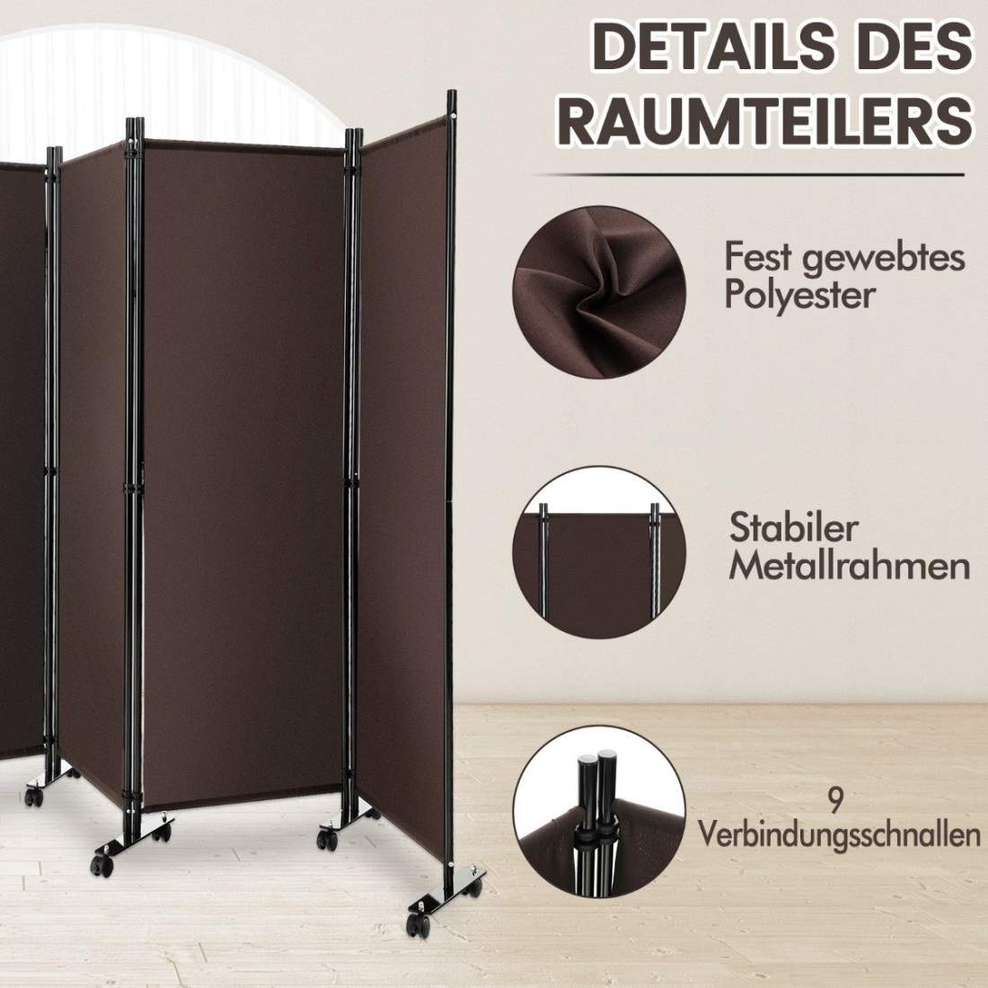 Rumsavdelare med 4 paneler på hjul 173 cm hög rullbar sekretessskärm Brun | Hem & Hobby - Hem & Hushåll - Sovrum | Pryloteket