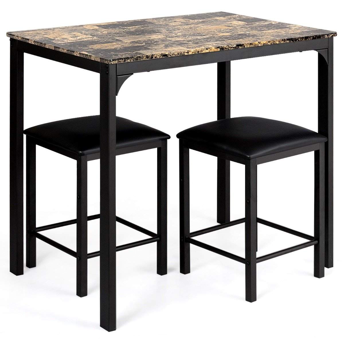 3-delt spisebordssæt, barbordssæt med 2 polstrede barstole, metalstel, brun