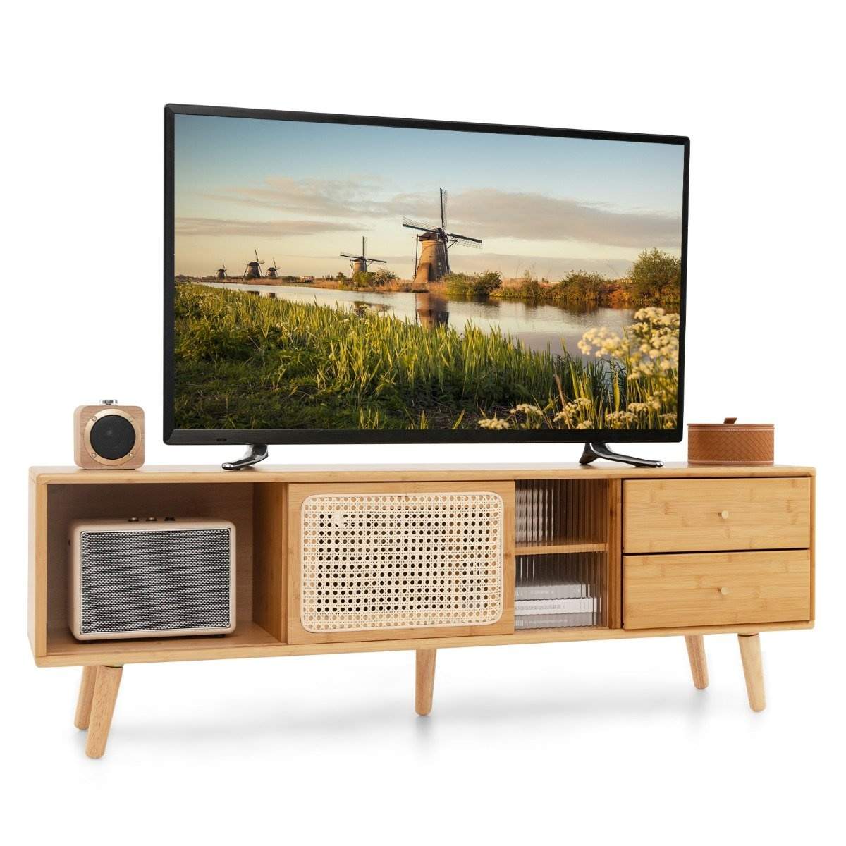 Bambus tv-stander til tv op til 65" tv-konsol i moderne stil fra midten af ​​århundredet 140 x 31 x 45,5 cm naturlig