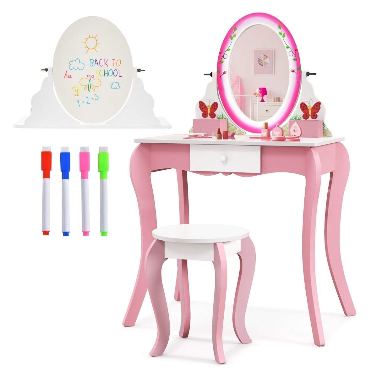 Toiletbord sæt med skammel til børn Toiletbord til piger Hvid og pink