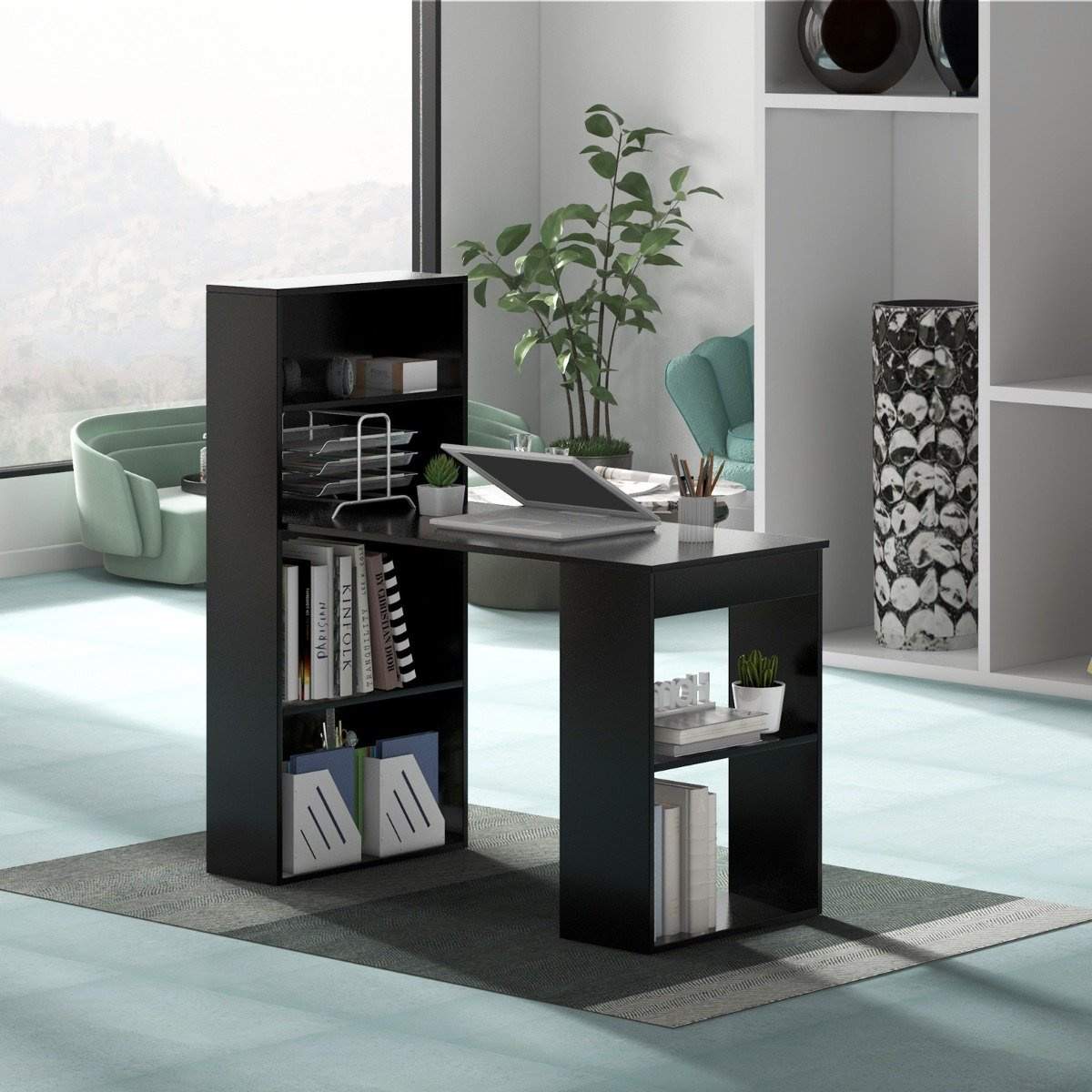 Skrivebord med bogreol computerbord med 6 hylder PC bord med hylde kontorbord sort
