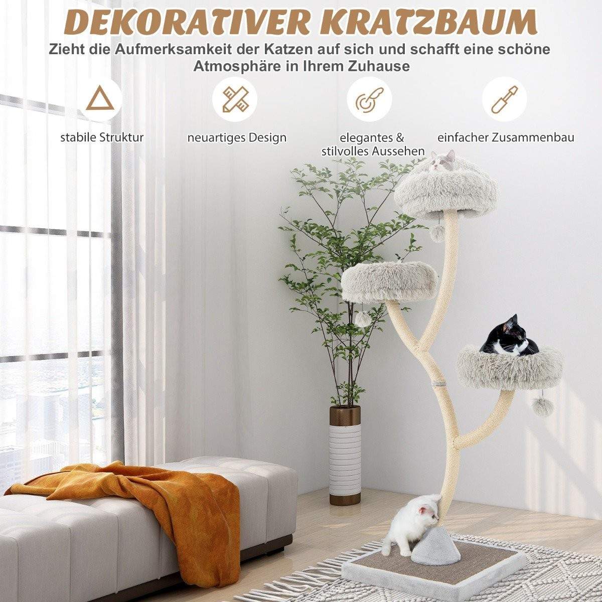 178 cm kattetræ med sisal kradsestolper & 3 varme liggeflader & plysbolde grå