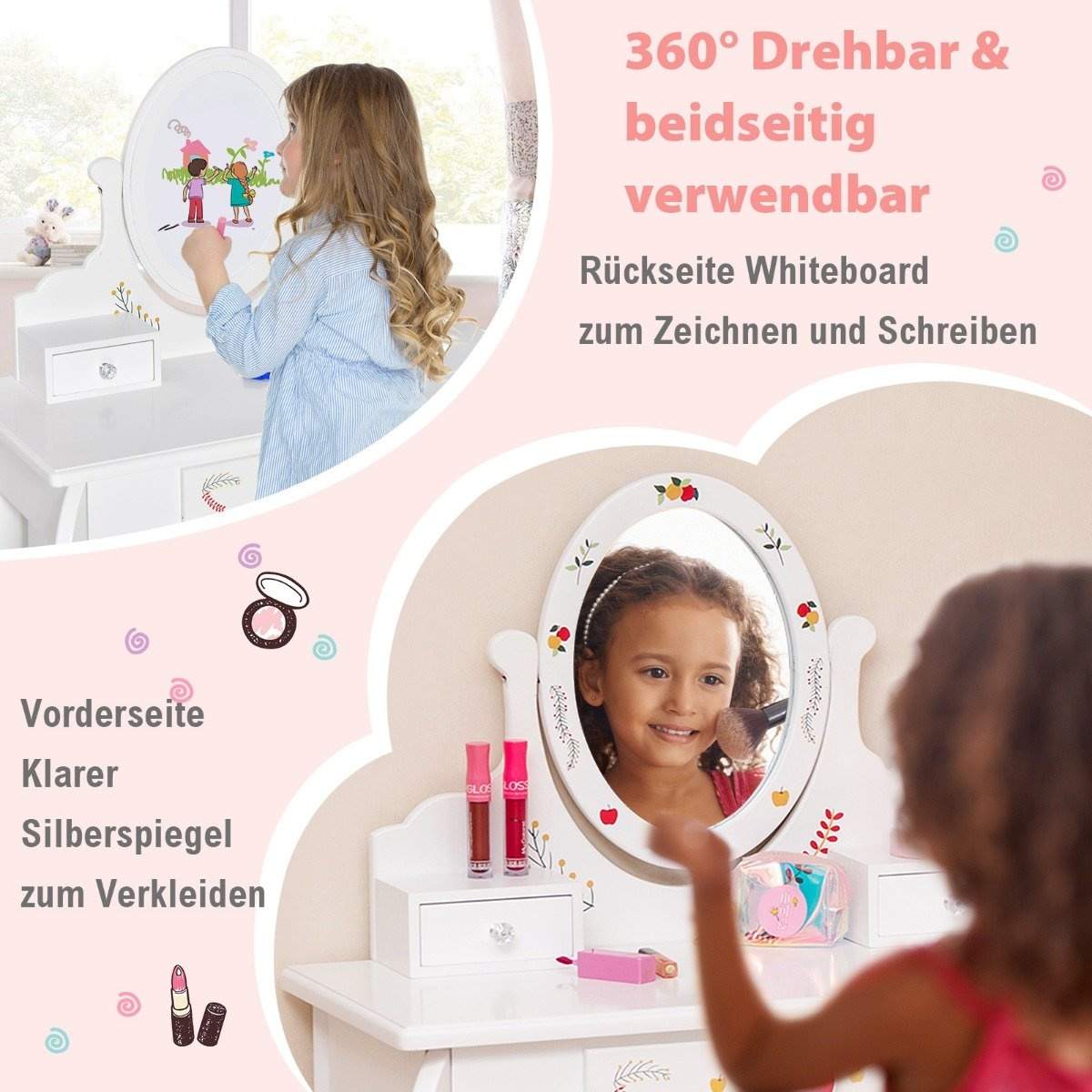 Toiletbord til børn og skammel sæt toiletbord med 360° roterende spejl hvid