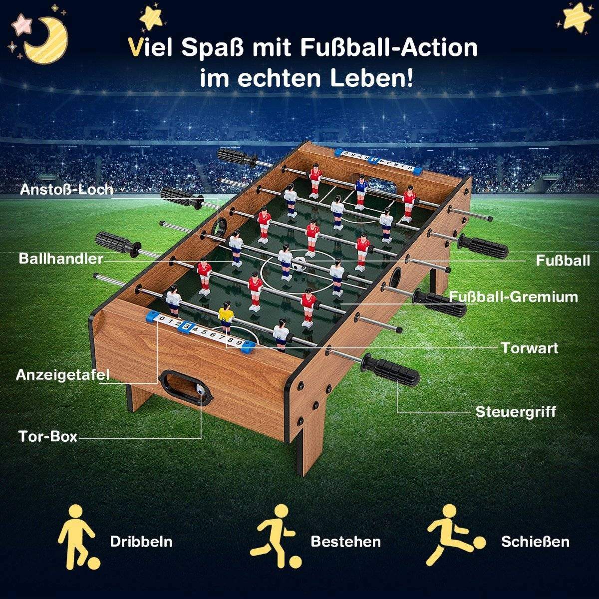 Fodboldbord i rumstørrelse Pladsbesparende fodboldbord med robust håndtag 69 x 36 x 24 cm natur
