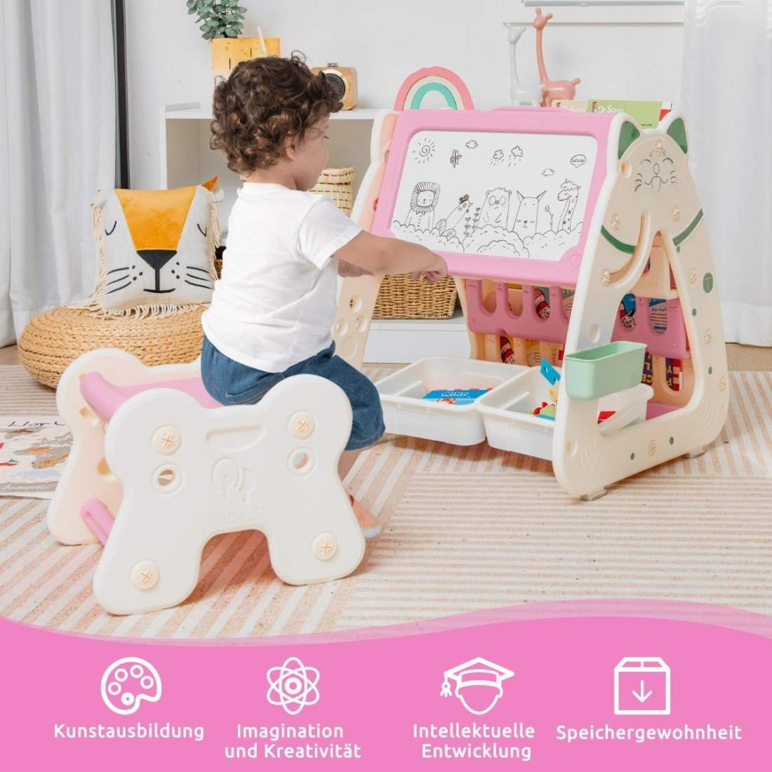 3 i 1 sittgrupp för barn & svart tavla & bokhylla med 3 förvaringslådor & pall rosa | Mode & Accessoarer - Kläder - Skor | Pryloteket