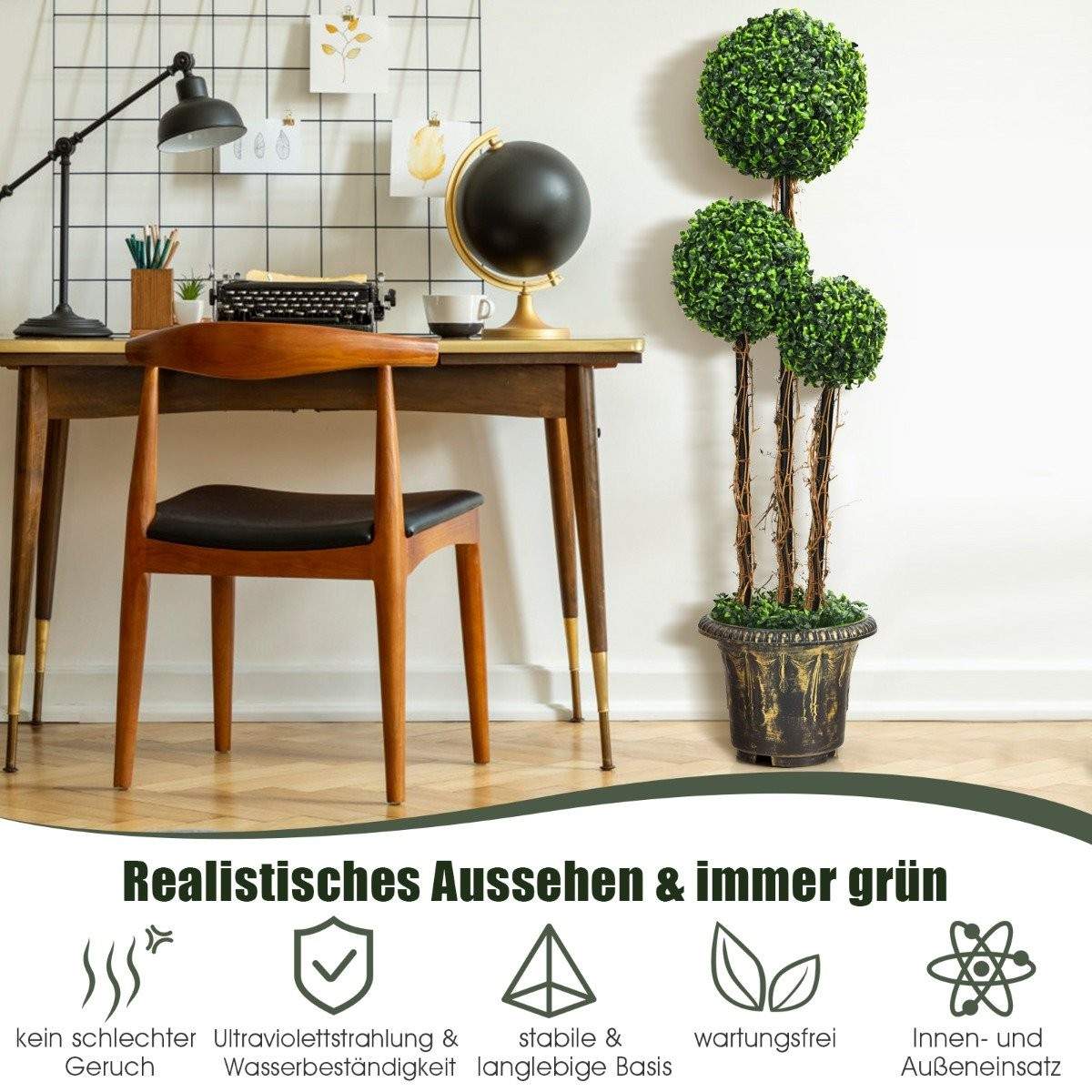115 cm kunstig plante med potte & 3 kugler kunstigt træ, kunstig dekorativ plante, grønne planter