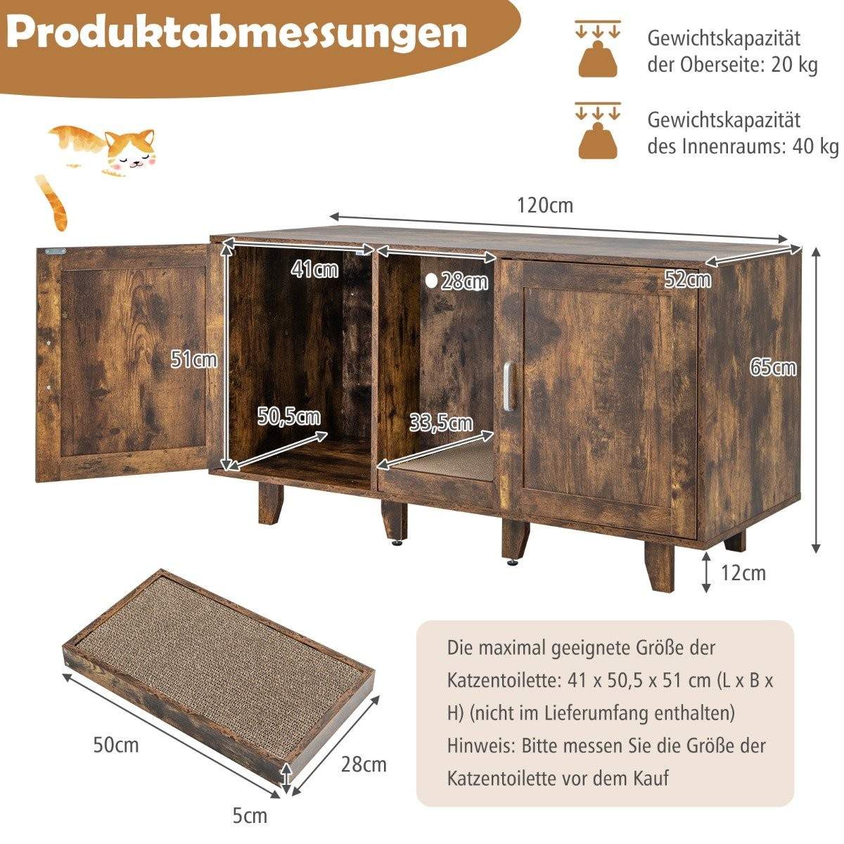Katteskab til kattetoilet med 2 døre & kradsebræt & indgang 120 x 52 x 65 cm vintage