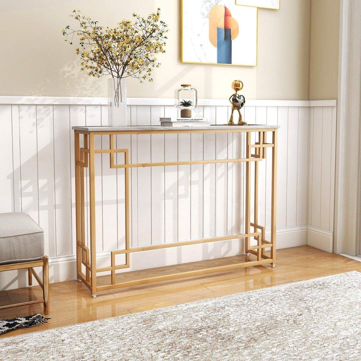 Konsolbord med marmor & geometrisk metallram Entrébord smalt gyllene | Hem & Hobby - Husdjur | Pryloteket