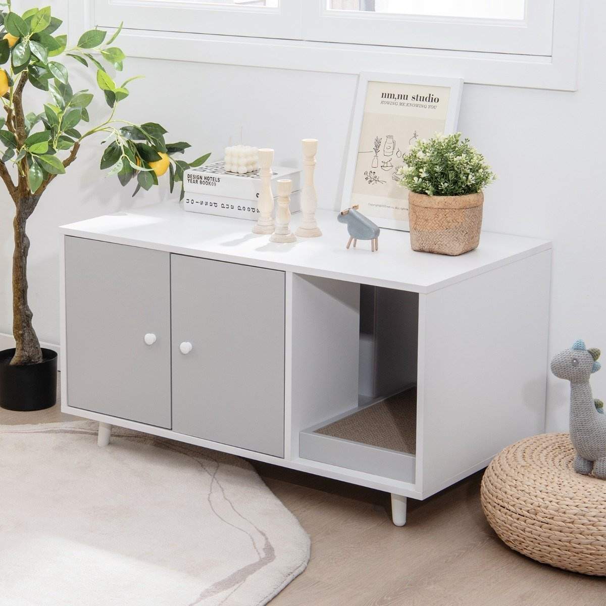 2 i 1 sidebord & katteskab med ridsebræt kattetoilet sofabord 90 x 50 x 50 cm grå
