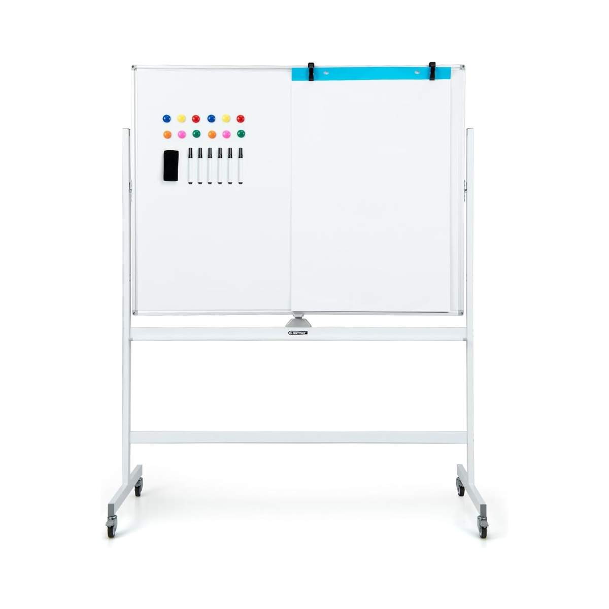 Dobbeltsidet mobil whiteboard med gittermønster & stativ & pennebakke 120x90cm hvid
