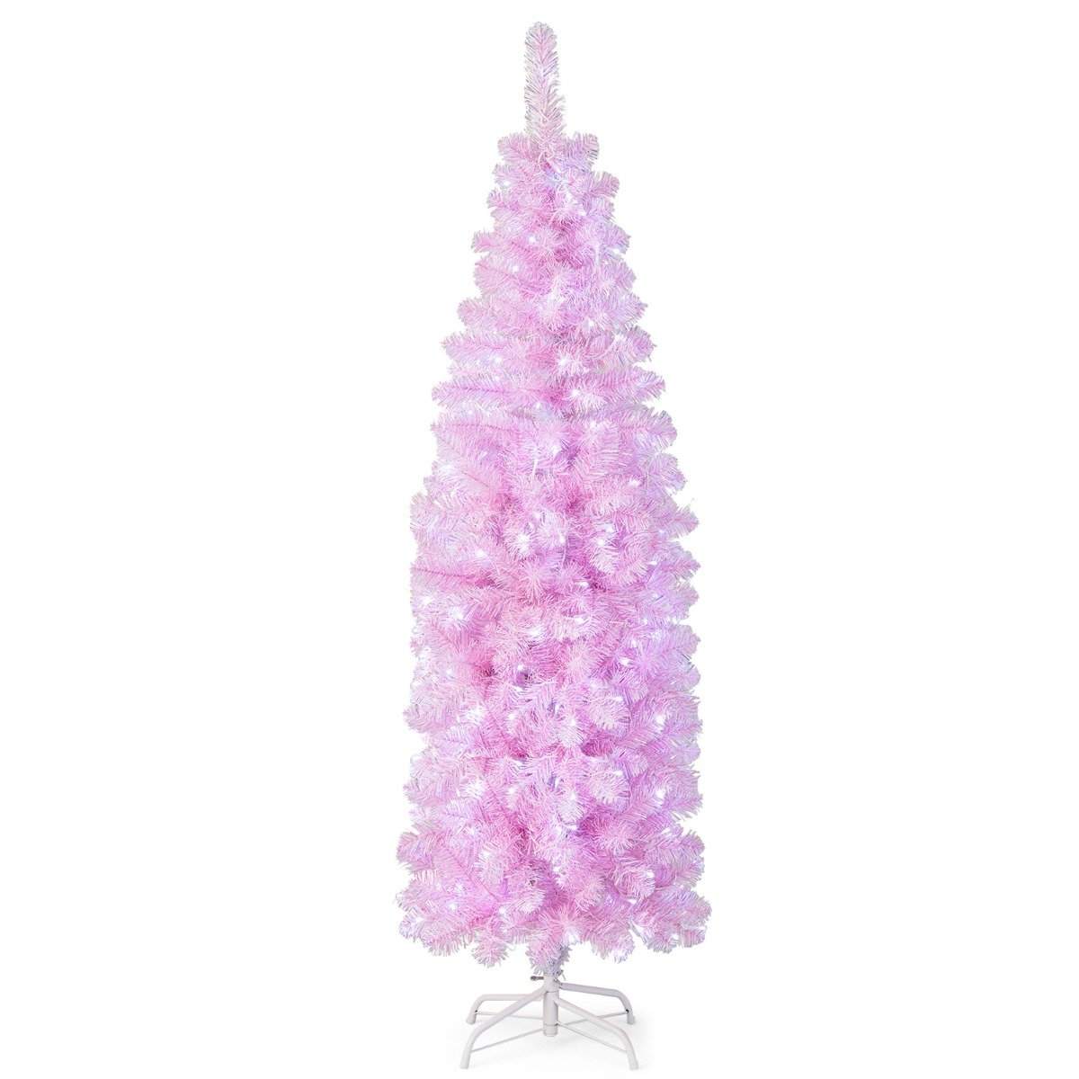 180 cm kunstig blyant juletræ med 250 cool hvide lysdioder Slim juletræ Pink