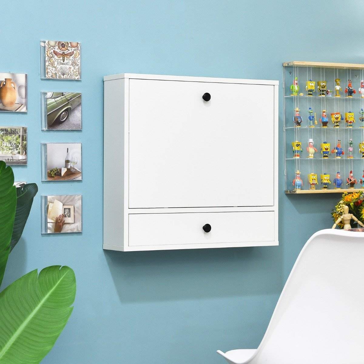 Vægklapbord med opbevaringsrum og skuffeklapbord til små rum hvid