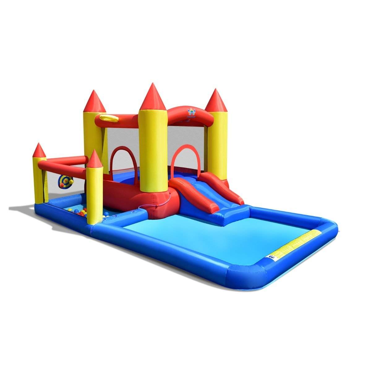 Oppustelig hoppeborg med blæser & rutsjebane & boldbane & basketballring & soppebassin
