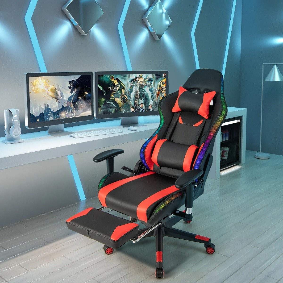 Gaming stol med RGB LED-lys & udtrækkelig fodstøtte Ergonomisk kontorstol Rød