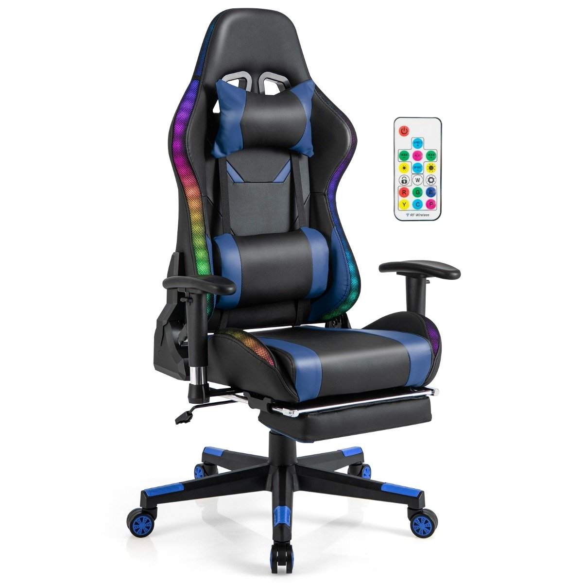 Gamingstol med RGB LED-lys og udtrækkelig fodstøtte Ergonomisk kontorstol Blå
