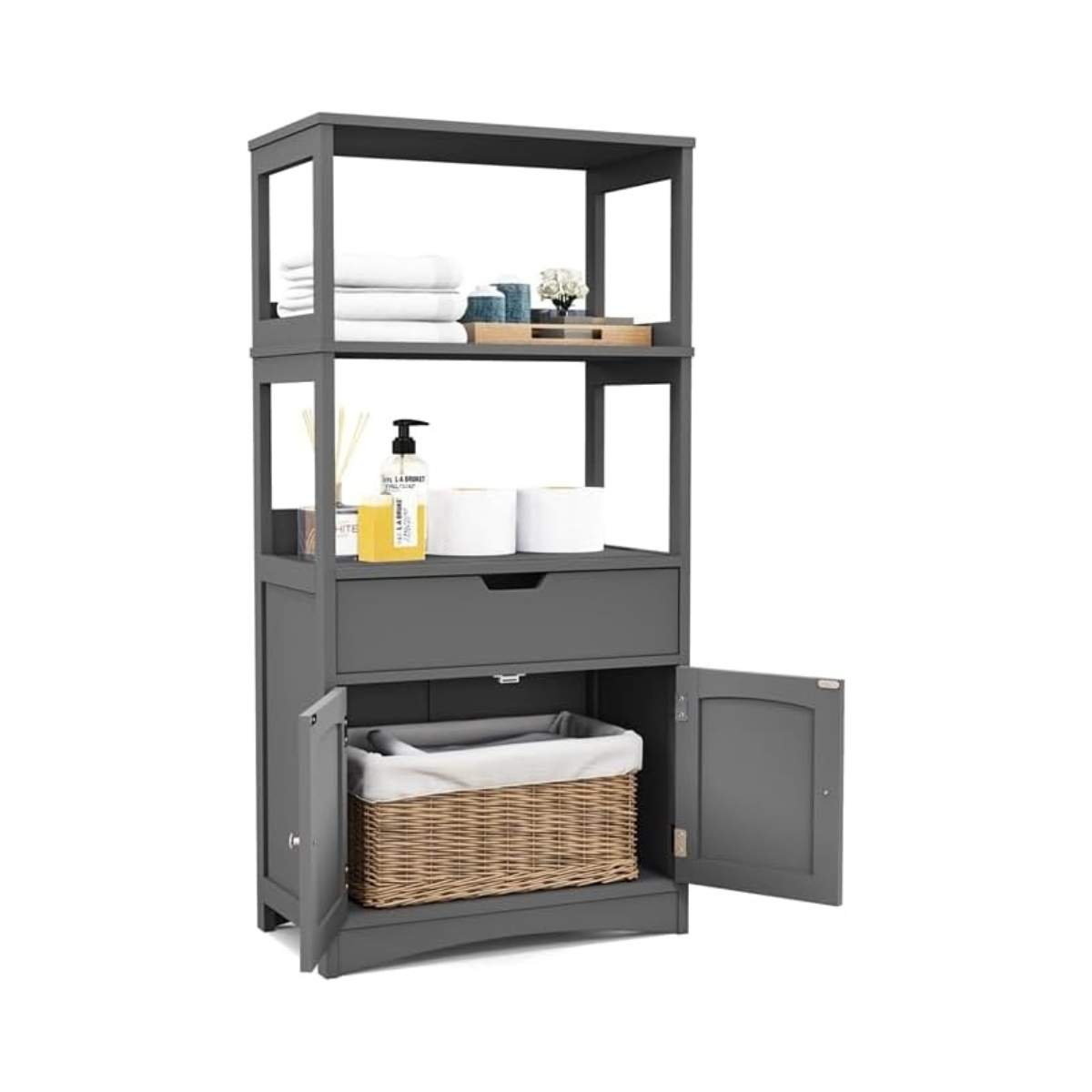 Fritstående badeværelsesskab med 2 låger & 3 åbne hylder & skuffe højskab grå